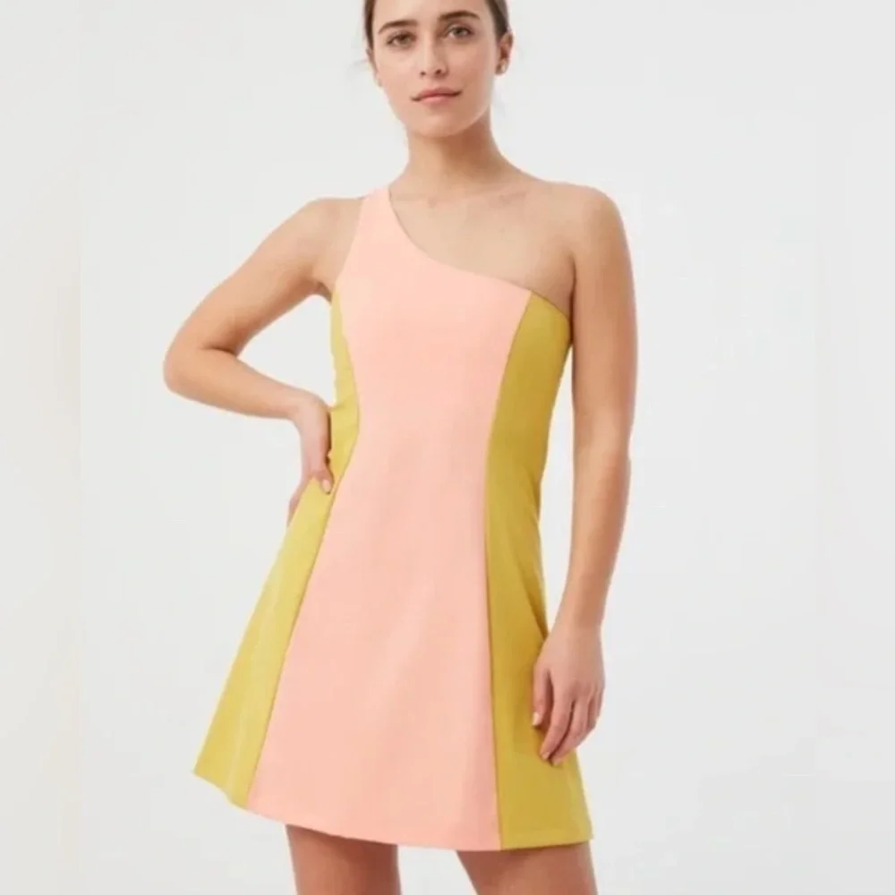 Outdoor Voices Pink and Yellow One Shoulder A-Line Dress